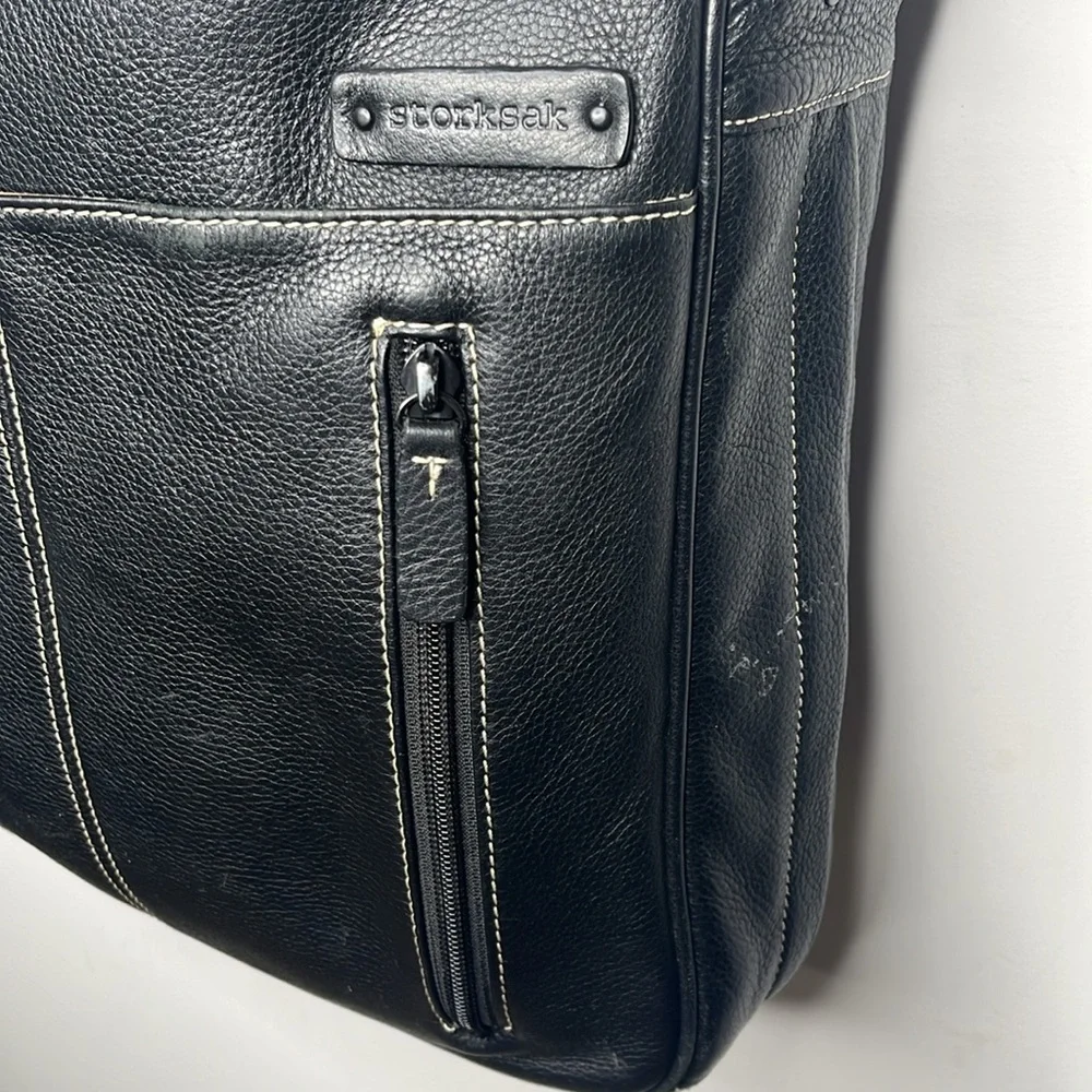 StorkSak Diaper Bag Unisex Style Jamie Black Pebbled Leather EUC